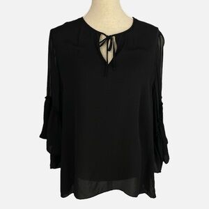 Kobi Halperin Silk Blouse Top Size XL Black Sheer Bell sleeves Popover Witchy